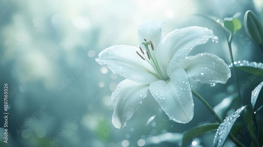 Poster a close-up of a white lily with water droplets glistening on its soft petals, surrounded by greenery