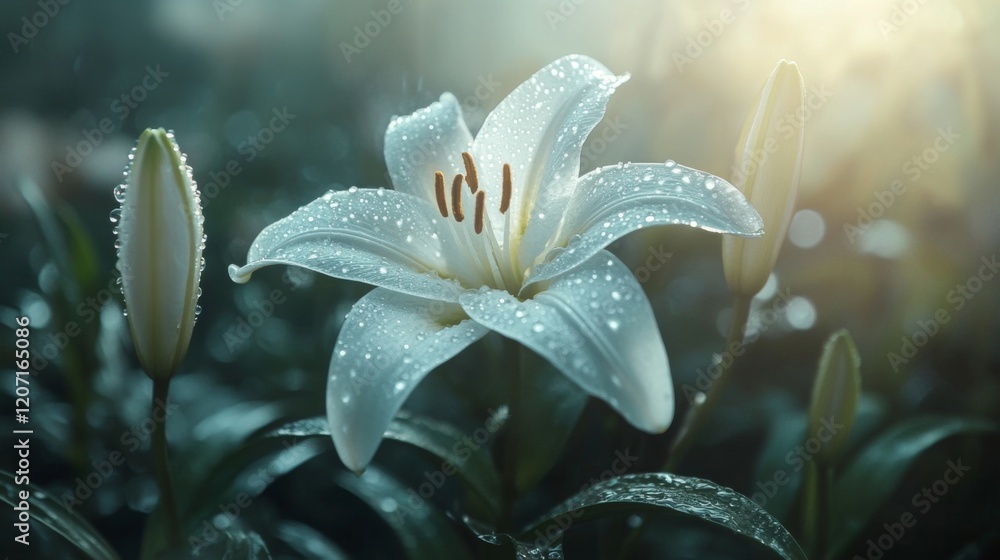 Poster a close-up of a white lily with water droplets glistening on its soft petals, surrounded by greenery