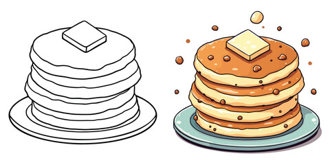 Pancake Line Art Vector Illustration Black and White with Coloring Sample. Bold and Easy Food, Fruits, Sweets, Drinks, Dessert, and Snacks Coloring Pages for Adults and Kids