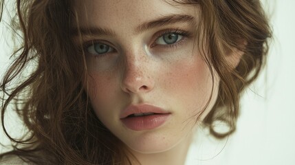 Fototapeta premium A close-up of a woman with a flawless complexion and glowing skin, her hair styled elegantly, embodying sophistication and timeless beauty against a neutral background