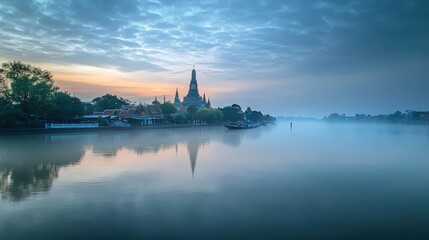morning at the Buddhist Temple of Wat Arun in Bangkok, where the ornate spires rise above the Chao Phraya River, creating a serene atmosphere for reflection