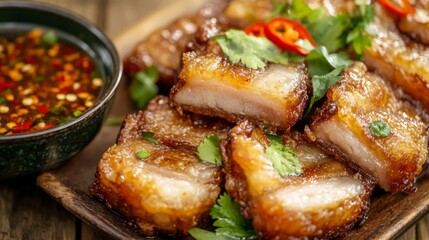 A close-up of crispy fried pork belly garnished with fresh herbs and sliced chilies, placed on a rustic wooden table with a bowl of dipping sauce beside it