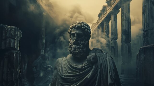 Epictetus statue amidst ancient ruins  a dark reflection on timeless stoic philosophy