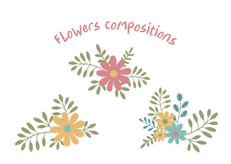 Set Composition of flowers, twigs and leaves on a white background