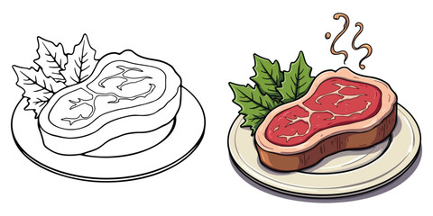 Steak Line Art Vector Illustration Black and White with Coloring Sample. Bold and Easy Food, Fruits, Sweets, Drinks, Dessert, and Snacks Coloring Pages for Adults and Kids