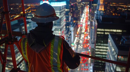Obraz premium Construction Worker in Hard Hat and Safety Vest on Scaffolding with Blurred Cityscape Background, Symbolizing Modern Worker Conditions