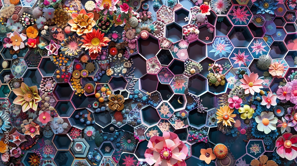 Poster vibrant and colorful 3d illustration of a variety of flowers and plants arranged in a hexagonal grid