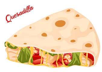 Mexican Quesadilla Isolated. Toasted Tortilla with Gooey Cheese, Chicken, Red Jalapeno, Spinach & Salsa Filling. Traditional Latin American Cuisine Illustration