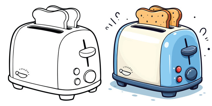 Electric Toaster or Toaster Oven Line Art Vector Illustration Black and White with Coloring Sample. Bold and Easy Food, Fruits, Sweets, Drinks, Dessert, and Snacks Coloring Pages for Adults and Kids