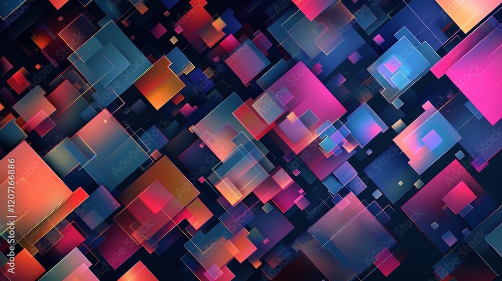 Poster abstract background of glowing squares. glowing squares of different colors and sizes on a dark blue