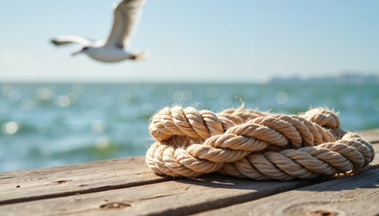 Fototapeta premium Thick braided rope on rustic dock by the sea, nautical symbolism