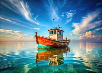 Fototapeta premium Classic wooden fishing boat on calm blue waters under a bright sky. Perfect for your message.