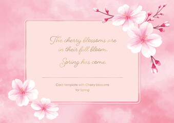 桜の花の春カードテンプレート・横向き・ピンクの水彩背景（ベクター）