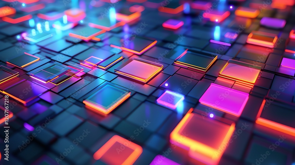 Poster 3d rendering of a circuit board with glowing neon lights. the background is dark blue, with a grid o