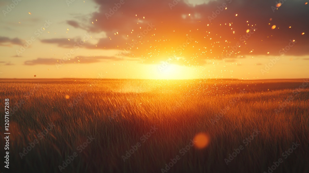 Poster golden sunset over a vast wheat field with glowing particles.