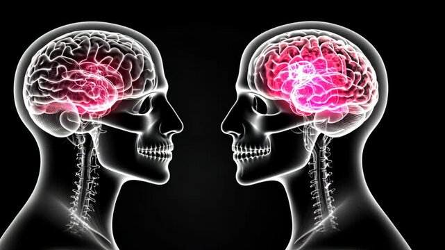 Two heads with a red spot on the right. The left head is a brain