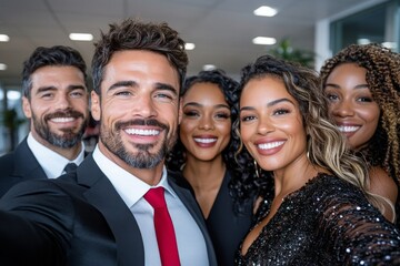 Fototapeta premium Business professionals celebrating success after a team workshop by taking a cheerful selfie. Generative AI