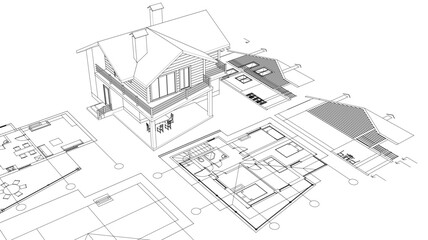 house architectural project sketch 3d illustration	
