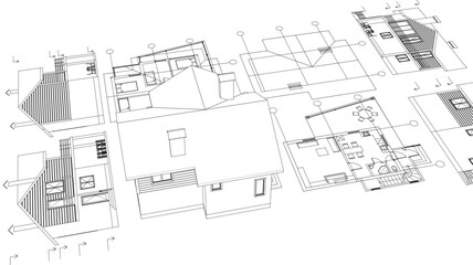 house architectural project sketch 3d illustration	