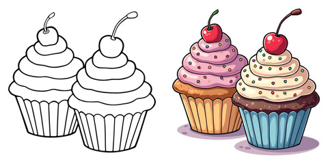 Cupcake Line Art Vector Illustration Black and White with Coloring Sample. Bold and Easy Food, Fruits, Sweets, Drinks, Dessert, and Snacks Coloring Pages for Adults and Kids