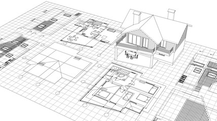 house architectural project sketch 3d illustration	