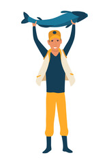 Cartoon men fishing. Male fishermen character with fishing rods on lake, summer catching process, men hobby recreation, leisure time, vector