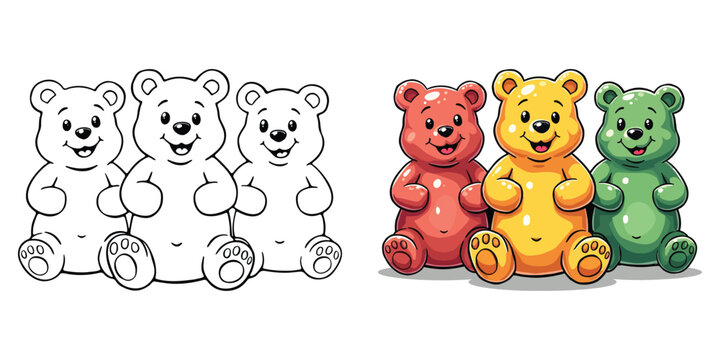 Gummy Bears Line Art Vector Illustration Black and White with Coloring Sample. Bold and Easy Food, Fruits, Sweets, Drinks, Dessert, and Snacks Coloring Pages for Adults and Kids