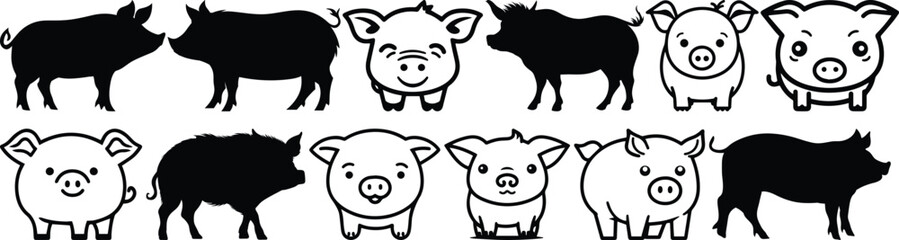 Pig silhouettes set, animal pack of vector silhouette design, isolated background