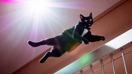 Black cat in tuxedo acting like a secret agent. Funny animal behaves like human