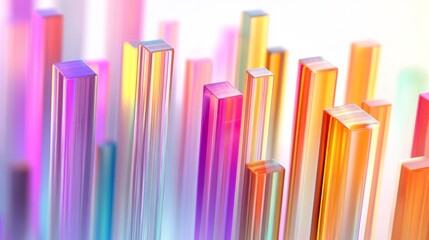 Obraz premium A colorful D bar chart with tall, polished bars on a white background, with each bar casting soft shadows for a vibrant, modern effect