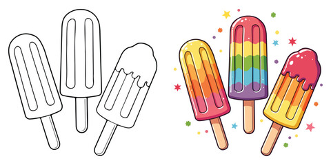 Rainbow color Popsicles Ice Cream Line Art Vector Illustration Black and White with Coloring Sample. Bold and Easy Food, Fruits, Sweets, Drinks, Dessert, and Snacks Coloring Pages for Adults and Kids