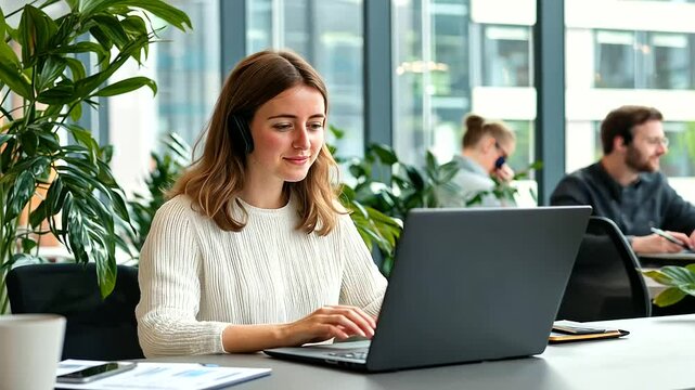 A dynamic woman efficiently juggles tasks in a modern office with stunning cityscape views.