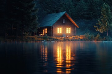 Obraz premium Cozy cabin at dusk by a tranquil lake surrounded by trees