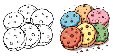 Sugar Cookies Line Art Vector Illustration Black and White with Coloring Sample. Bold and Easy Food, Fruits, Sweets, Drinks, Dessert, and Snacks Coloring Pages for Adults and Kids