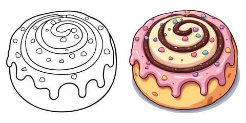 Cinnamon Rolls Line Art Vector Illustration Black and White with Coloring Sample. Bold and Easy Food, Fruits, Sweets, Drinks, Dessert, and Snacks Coloring Pages for Adults and Kids