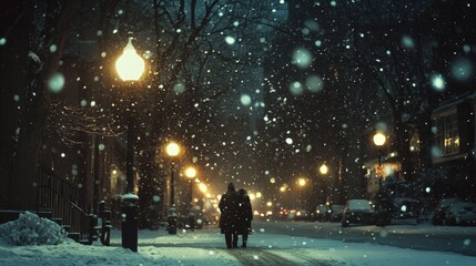 Obraz premium picturesque snowfall captured at night, with streetlights illuminating the gently falling snowflakes