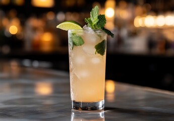 Refreshing mojito cocktail with lime and mint in highball glass on bar.