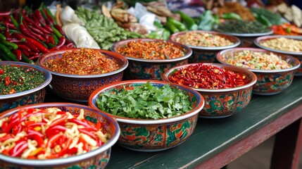 A colorful arrangement of chili sauces and pastes in small bowls, garnished with fresh herbs and sliced chilies, promoting a flavorful cooking atmosphere