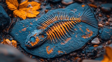 Autumnal riverbed fossil fish skeleton discovery