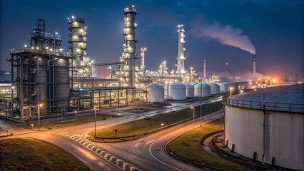 Fototapeta premium A modern oil refinery shining with many lights against the dark night sky. The atmosphere of technological progress.