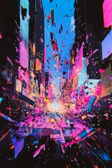 A vibrant, neon-lit city breaking down as a mysterious energy wave shatters buildings into pixelated fragments 