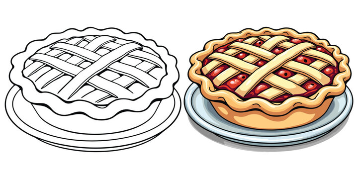 Apple Pie Line Art Vector Illustration Black and White with Coloring Sample. Bold and Easy Food, Fruits, Sweets, Drinks, Dessert, and Snacks Coloring Pages for Adults and Kids