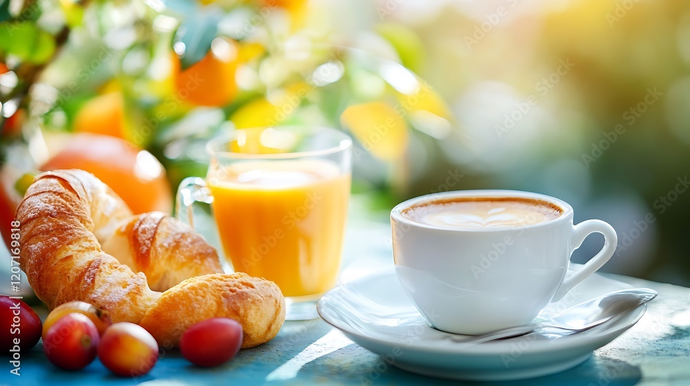 Wall mural Hotel breakfast coffee isolated on a colorful background