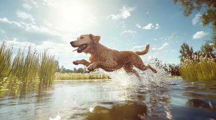 playful dog leaping into a lake to cool off, creating splashes under the bright summer sun