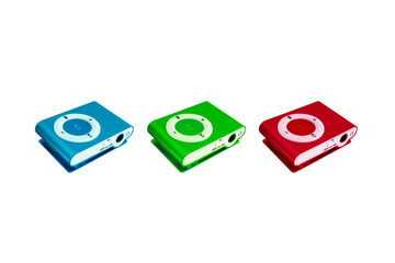 Trio of Colorful Compact MP3 Players in Blue, Green, and Red on Black Background