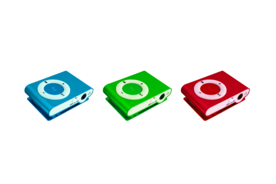 Trio of Colorful Compact MP3 Players in Blue, Green, and Red on Black Background
