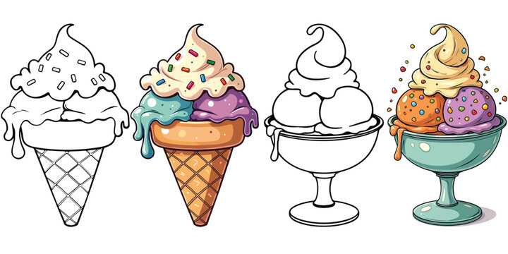 Cone Ice Cream Line Art Vector Illustration Black and White with Coloring Sample. Bold and Easy Food, Fruits, Sweets, Drinks, Dessert, and Snacks Coloring Pages for Adults and Kids