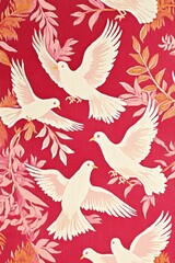 Vibrant Pink and White Birds Take Flight Against Red Background, Perfect for Celebrating Chinese New Year with a Touch of Joy and Love