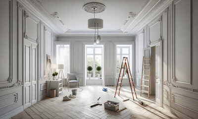 Ein gro&szlig;er, hoher Raum wird renoviert, mit Leiter und Malerwerkzeug