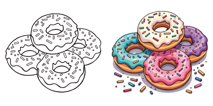 Donuts Line Art Vector Illustration Black and White with Coloring Sample. Bold and Easy Food, Fruits, Sweets, Drinks, Dessert, and Snacks Coloring Pages for Adults and Kids